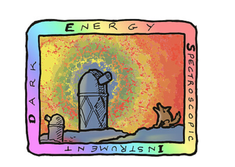 The Dark Energy Spectroscopic Instrument drawing with telescopes and a cartoon dog barking.